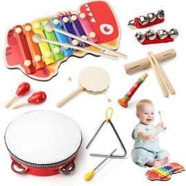 10 Pieces Toddler Drum Toy Set, Neutral Rhythm Toy Made of Wood, Boho Baby Musical Instruments, Preschool Toy with Xylophone, Percussion Instruments Gift for Boys Girls