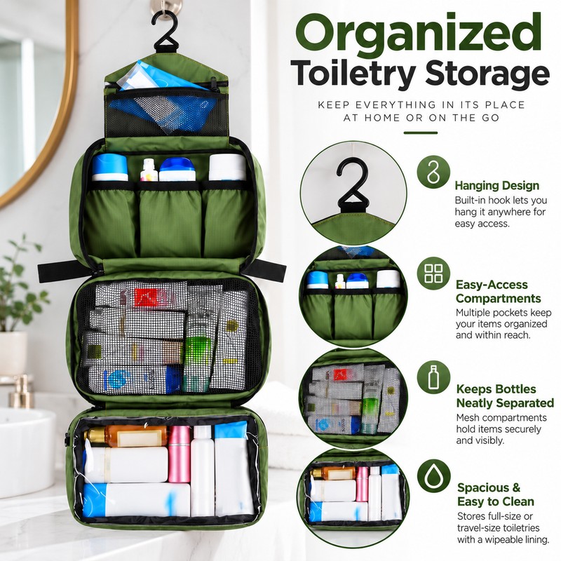 Hanging Toiletry Bag for Travel – Waterproof Foldable Organizer for