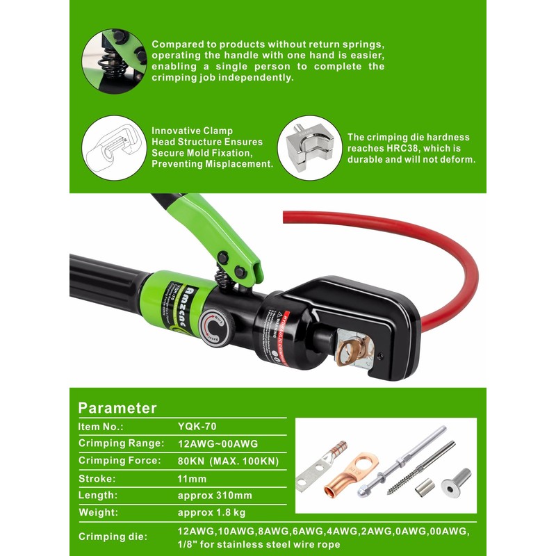 AMZCNC 10 Tons Hydraulic Wire Battery Cable Lug Terminal Crimper