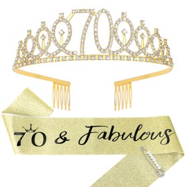 CIEHER Gold 70th Birthday Headband + 70 & Fabulous Birthday Sash + Pearl Pin Set, 70th Birthday Decorations 70th Birthday Gifts for Women