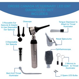 Cross Canada 11-061 Veterinary LED ENT Ophthalmoscope & Otoscope Diagnostic Set, with 12 various diagnostic Instruments