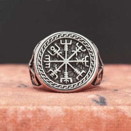WESTMIAJW Viking Ring Men Viking Norse Compass Vegvisir Rings Jewellery for Men Size Q