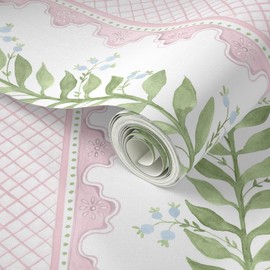 Spoonflower Peel & Stick Wallpaper Swatch - Preppy Pink Stripe Green Vine Large Traditional Classic Cottage Grandmillennial Botanical Floral Custom Removable Wallpaper