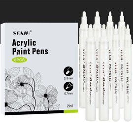 SFAIH White Paint Markers Paint Pens - 8 Pack Acrylic Permanent Marker for Rock Painting, Wood, Metal, Fabric, Plastic, Canvas, Glass, Ceramic, Art Projects, 2-3MM Medium Tip & 0.7mm Extra Fine Tip