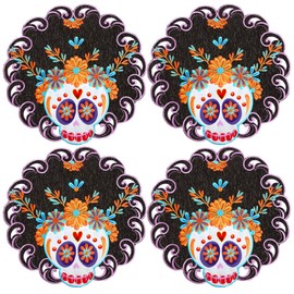 Simhomsen Embroidered Dia De Los Muertos Serape Fiesta Mexican Round Doilies Placemats, Mexico Day of The Dead Kitchen Dining Table Decoration for Home Party Decor (Round 15 Inches (Set of 4))