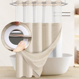 Awellife Linen Shower Curtain for Bathroom No Hook Shower Curtain with Snap in Liner Set Natural 87" L x 72" W Beige
