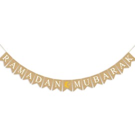 Ramadan Muslim Banner, Jute Ramadan Kareem Banner, Eid Mubarak Decoration with Glitter Star Moon Eid Mubarak, Party Accessories for Muslim Islam Ramadan Decoration (A)