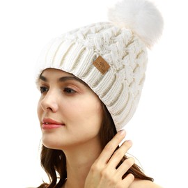 PAGE ONE Womens Winter Ribbed Beanie Crossed Cap Chunky Cable Knit Pompom Soft Warm Hat White