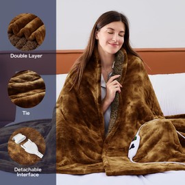 greenoak Heated Electric Blanket Throw, Faux Fur Sherpa Heating Blanket for Sofa Bed, Warm Winter Gifts for Women/Men, Heater Lap Blankets 5-Position Timer &10 Heating Levels ETL&FCC 50 * 60" Brown