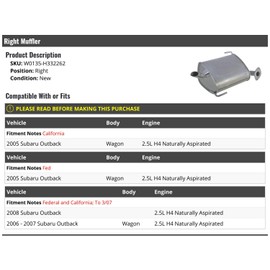 Right Passenger Side Muffler - Compatible with 2005-2008 Subaru Outback Wagon 2.5L H4 Naturally Aspirated (Fits Up To 3/2007)