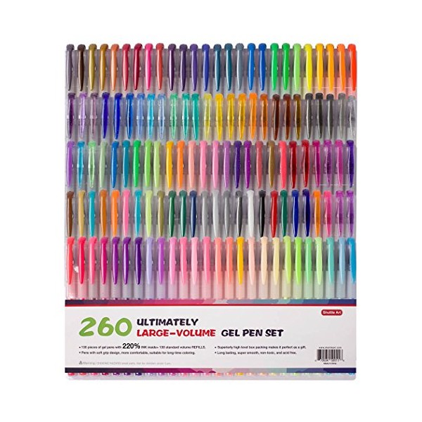 Shuttle Art 260 Pack Gel Pens Set 220% Ink Gel Pen for Adult Coloring Books Art Markers 130 Colored Gel Pens Plus 130 Refills