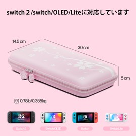 Switch OLED Case, Pink Switch Case, Switch Light, OLED, Protective Cover, 3-Way Handbag, Crossbody Hanging, Holds 10 Game Cards, Carrying Set, Large Capacity, Cherry Blossom Pattern, Pink, Storage