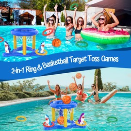 Uniqhia Pool Floats Toys Games Set, 2-in-1 Floating Pool Basketball Hoops & Pool Ring Toss Game, Fun Summer Water Games Pool Toys for Kids Ages 8-12, Teens, Adults and Family