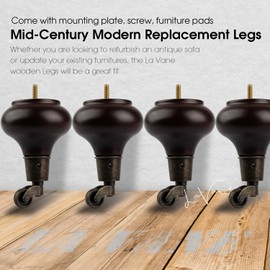 La Vane 5 inch Wooden Furniture Legs with Castor, 4PCS Soild Wood Walnut Turned Replacement Bun Feet with Pre-Drilled M8 Inch Bolt & Mounting Plate for Armchair Ottoman Recliner Chair Footstool