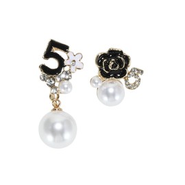 IDOKAWA Vintage Jewelry Number 5 Earrings Camellia Studs Asymmetric Faux Pearl Earrings Jewelry for Women-Black A