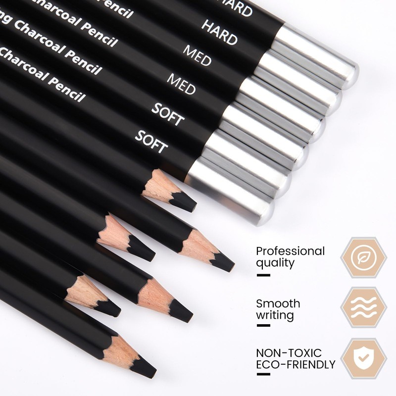 Geyoga 72 Pcs Professional Charcoal Pencils Bulk Soft Medium Hard