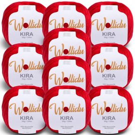 Wollidu Kira 100% Cotton for Knitting and Crocheting 10 x 50 g Set Crochet Yarn Knitting Yarn Red