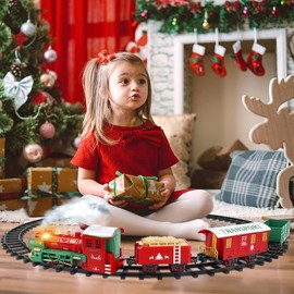 deAO Train Set for Christmas Tree,Classical Christmas Train Sets with Sound Lights and Steam- Train Toy Set with 4 Cars & 10 Tracks, Toys for Age 3 4 5 6 Boys Girls Kids
