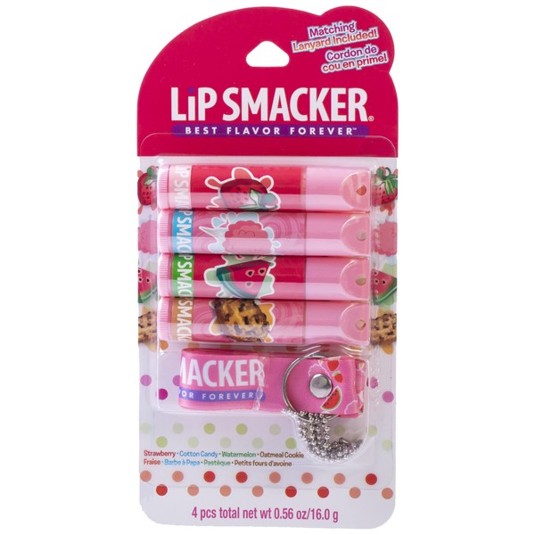 Lip Smacker Flavored Lip Balm & Pink Lanyard Set | Strawberry, Cotton Candy, Watermelon, Oatmeal Cookie Flavors | For Kids | Stocking Stuffer | Christmas Gift | Set of 4