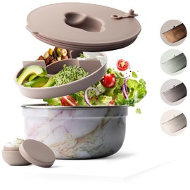 MAMEIDO Salad Box to Go 1.5 L, Bowl Lunch Box Adult Made of Stainless Steel, Bento Box, BPA-Free with Compartments and Leak-Proof Dressing Container, Meal Prep Food Box (Pearl Marble, 1500 ml)