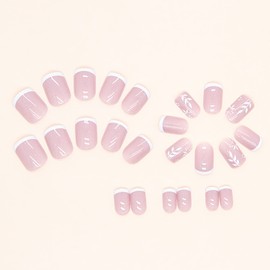 Press on Nail Square Short Length with White Leaf Designs, 24Pcs Full Cover Glossy Reusable Coffin Fake Nails with Glue, Artificial Fingernails Acrylic False Nails with Charms, Glue on Nails Colorful