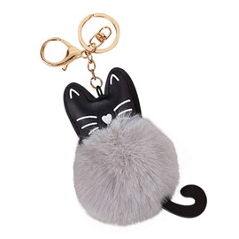 CHROME CRANE WB079 Women's Cat Cat Brushed Fluffy Cute Key Ring Charm Keychain, 03.grey