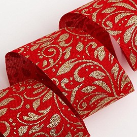 Hessian Christmas Ribbon Red Gold Lurex Leaf Scroll 38mm x 10M
