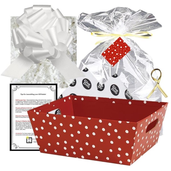 Gift Basket Making Kit, Do It Yourself, DIY Build Your Own Gift Basket, Matching Supplies, Market Tray. Cellophane Bag, Shredded Crinkle Paper, Ribbon Pull Bow (RED POLKA DOT, X-LARGE)