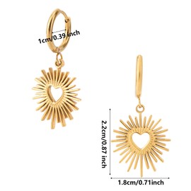 Mikovivi Gold Heart Dangle Hoop Earrings, Trendy Dainty Heart Sunburst Drop Earrings Stainless Steel Cute Statement Jewelry Gifts for Women