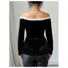 SweatyRocks Women's Off The Shoulder Peplum Blouse Top Velvet Long Sleeve Ruffled Hem Babydoll Tops Black Large