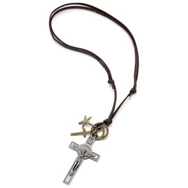 COOLSTEELANDBEYOND Men's Vintage Jesus Christ Crucifix Cross Pendant Necklace with Adjustable Leather Strap, Religious Jewellery, Metal, No Gemstone