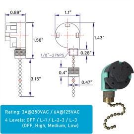 Fenteer Ceiling Fan Switch Accessories,Wall Lamp Cbb61 Capacitor Professional Replacement 3 Speeds 5 Wire Pull Chain Switch Control, Bronze Chain