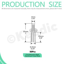 Keadic 50Pcs M6.4 * 20 Countersunk Aluminum Core Rivets with Round Head, Knock Drive Expansion Solid Rivets for Home Electronic Equipment