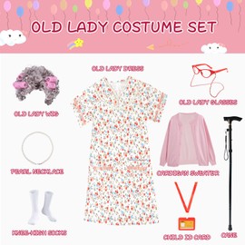 FAYBOX FAYBOX 9 pcs Old Lady Costume for Kids,100 Days of School Costume Old Lady Wig for Girls, Granny Grandma Dress Up