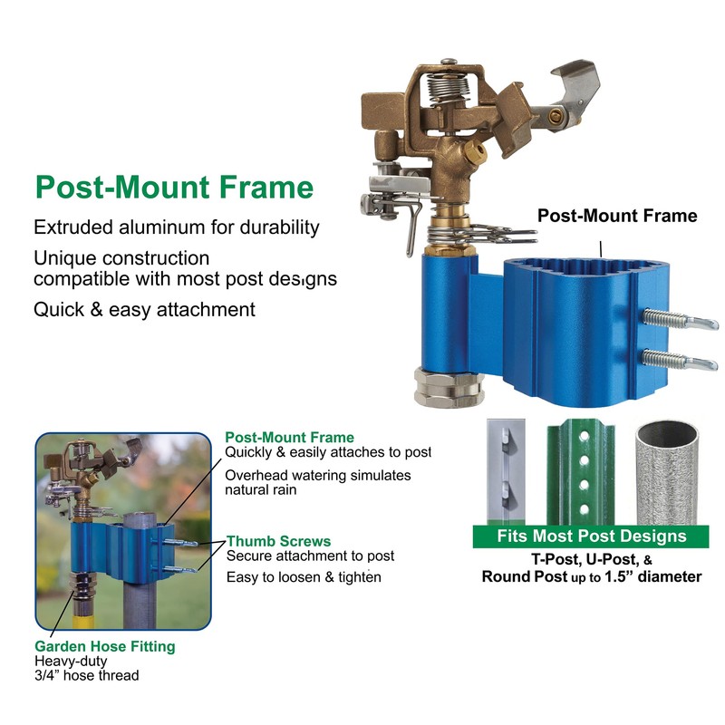 Post-Mount Sprinkler with Brass Impulse Head – Adjustable Watering Patterns,