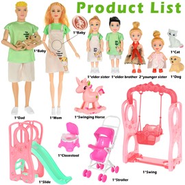 ebuddy Family Dolls Playset with Slide Swing and Baby Stroller - 7 People, Pets & Accessories for 3-12 Years Old Toddler Gift
