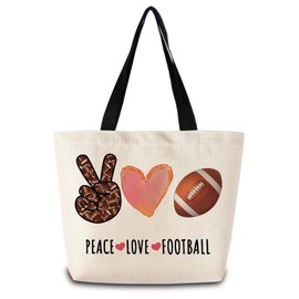 ZhuVantrix Peace Love Football Tote Bag Reusable Grocery Bags Aesthetic Shopping Shoulder Handbag with Interior Zipper Pocket Stylish American Football-themed Present for Footbal Lovers Fans Women