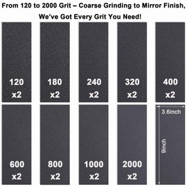 18Pcs Sandpaper 120/180/240/320/400/600/800/1000/2000 Grit, Epehio Wet And Dry Sandpaper For Cars Metal Plastic Wood Walls, Assorted Sandpaper Sheets 9x3.6 Inch