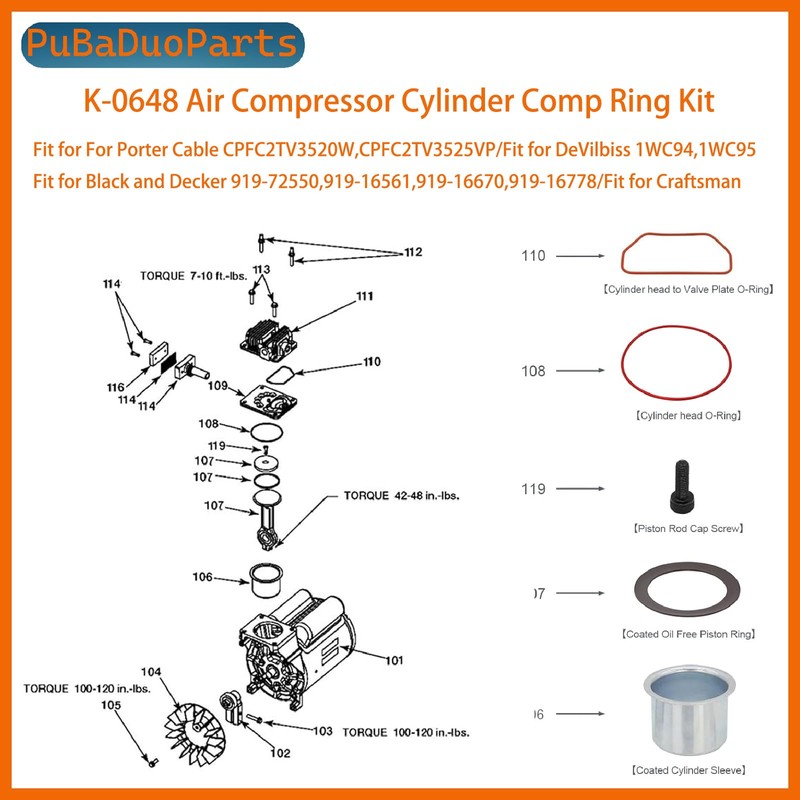 K-0650 Air Compressor Cylinder Sleeve & Compression Ring Kit Compatible