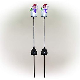 Alpine Corporation QLP1103SLR-2 Alpine 34" Tall Solar Snowman Fiber Optic LED Lights, Set of 2 Garden Stake, Multicolor