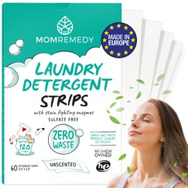 MomRemedy Laundry Detergent Sheets with Powerful Stain Fighting Enzymes - Made in EU, Sulfate Free, Zero Waste Laundry Sheets Detergent in Recyclable Packaging - Travel Friendly 60 Count (Unscented)
