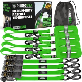 Rhino USA Ratchet Straps Tie Downs (4-Pack) - 1 Inch x 15 Feet (1,823lb Break Strength) - Ultimate Tie Down Straps with Safety S Hooks - for Trucks, Cargo, Moving, Appliances - Green