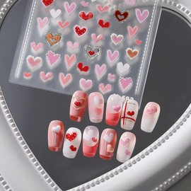 Valentine's Day Nail Art Stickers 5D Heart Nail Stickers Heart Nail Decals Red Pink Heart Design Nail Art Stickers Decals Heart Nail Art Supplies for Women DIY Manicure Nail Art Decorations