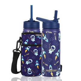 FAHRMOSIS 18 OZ Kids Water Bottle with Carrier Bag & Strap Leak Proof Metal Insulated Stainless Steel Tumbler with 2 Lids (Flip & Spout) for School & Sports Water Bottle with Straw - Black (Space)