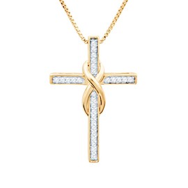 Diamond Cross Necklace in 14k Yellow Gold Plated Sterling Silver - 18 Inch Box Chain