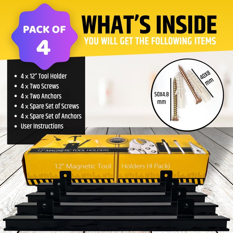 12" Heavy-Duty Magnetic Tool Holders (4 Pack - 48" Total)