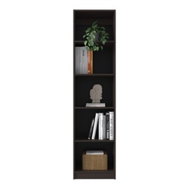 espidoo Slim 5 Tier Bookcase - Vertical Space Saving Wood Shelf Organizer for Small Spaces - Modern Walnut Finish Open Storage Unit for Home Office & Apartment Living