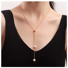 Allereya Long Pearl Necklace Pearl Pendant Necklace Gold Circle Pearl Y Necklace Adjustable Pearl Lariat Necklace Jewellery for Women and Girls