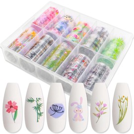 SILPECWEE 10 Rolls Flower Bamboo Nail Foil Holographic Nail Art Foil Nail Transfer Foil Abstract Nail Stickers Decals Fingernail Manicure Design for Women Nail Decoration