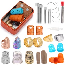 Mnuizu Sewing Thimble Set with Storage Box - Includes Sewing Big Eye Needle, Finger Protector & Adjustable Finger Guard - Quality Metal Copper Thimble - Ideal Sewing Tools for DIY Projects